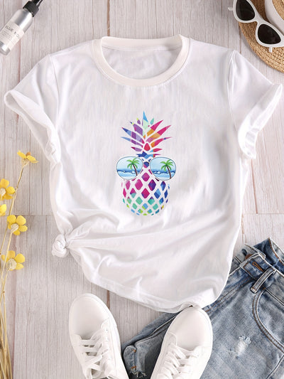 Summer Vibes: Pineapple Print T-Shirt, A Must-Have Casual Top for Women's Spring-Summer Collection