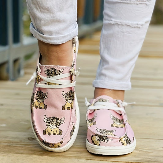 These stylish shoes offer a unique, eye-catching cow design print on canvas to give your casual wardrobe a fashionable update. They feature low top lace up design and round toe for a comfortable fit. Perfect for everyday wear, these shoes provide all-day comfort and support.
