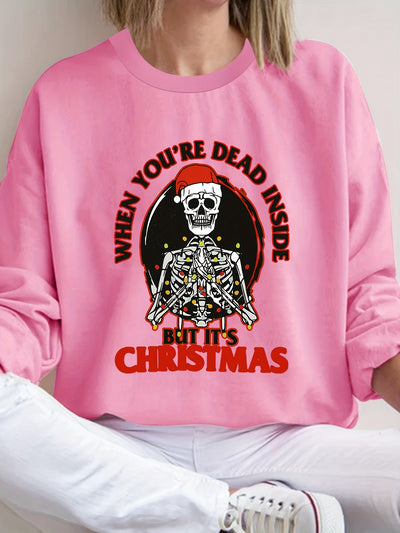 Stylish and Comfy: Women's Plus Size Christmas Casual Sweatshirt with Skull Slogan Print