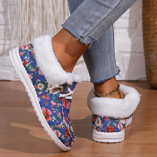 Women's Floral Print Plush Canvas Winter Snow Shoes: Cozy, Stylish, and Warm!