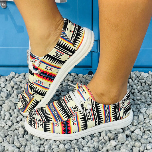 Step into Style and Comfort with Women's Colorful Geometric Print Canvas Loafers