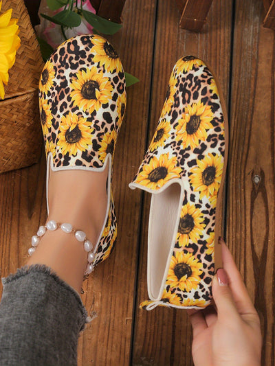 Stylish and Comfortable Women's Leopard Sunflower Print Flat Shoes: Casual Slip-On Shoes with Lightweight Features for Ultimate Comfort - Temu