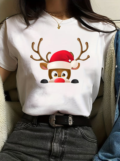 Festive and Stylish: Christmas Deer Print Crew Neck T-Shirt - A Must-Have for Spring and Summer Fashionistas!