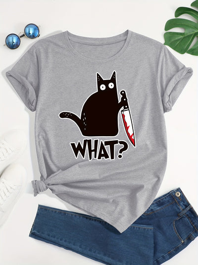 Cat Design Print Crew Neck T-Shirt: A Casual and Stylish Addition for Spring/Summer Women's Fashion