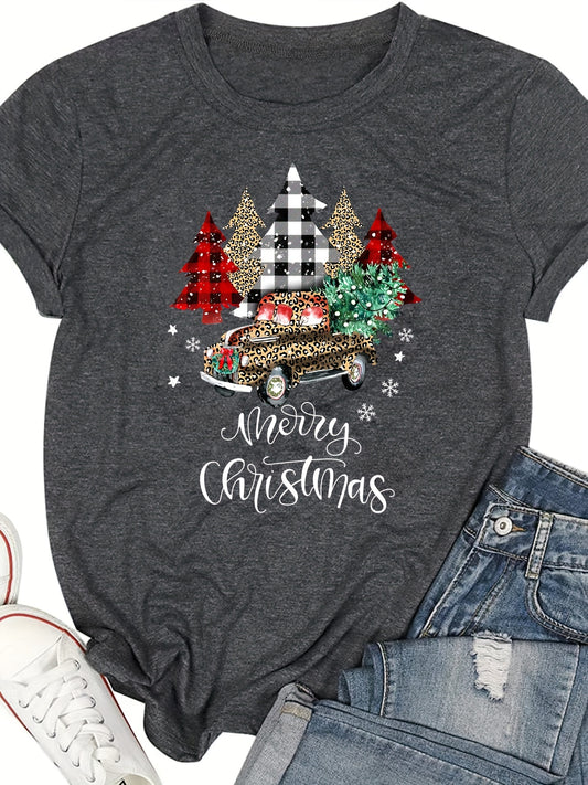 Christmas Tree & Leopard Truck Print Tee, Casual Short Sleeve Crew Neck T-shirt, Women's Clothing
