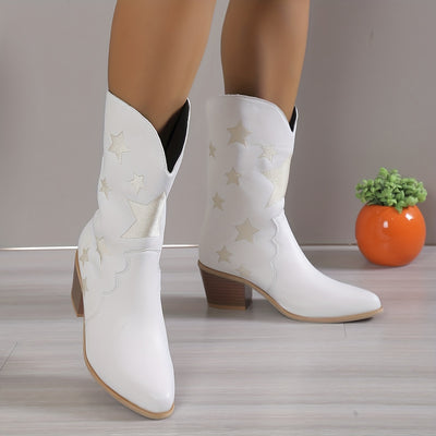 Stylish Star-patterned Chunky Heel Cowboy Boots: The Perfect Embroidered Western Fashion Statement for Women