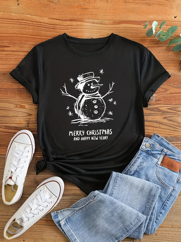 Festive Fun: Christmas Snowman Print Crew Neck T-Shirt - A Must-Have for Spring and Summer Fashion!