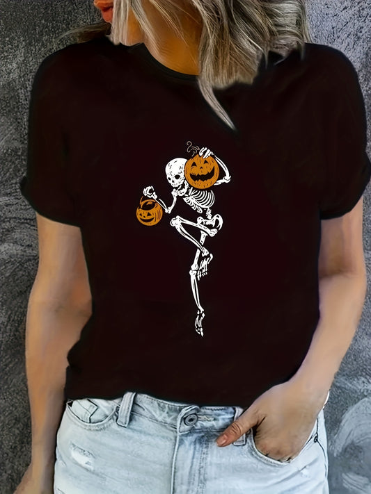 This stylish Halloween-themed T-Shirt is perfect to show off your spooky side. Featuring a Skeleton Pumpkin print that is designed to last, this will be your go-to for Spring and Summer.