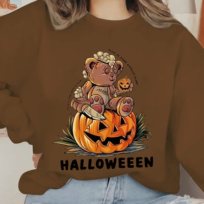 Horror Bear Pumpkin Slogan Print Plus Size Halloween Sweatshirt: Stylish Fall/Winter Casual Top for Plus Size Women