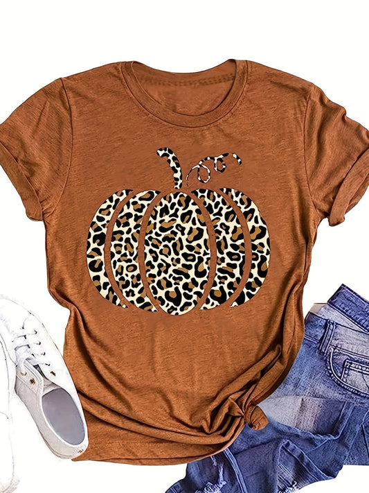 Bring vintage charm to your everyday look with this Leopard Pumpkin Print Crew Neck T-Shirt. Crafted from lightweight fabric for a comfortable fit, this Halloween-themed short sleeve t-shirt is perfect for layering in spring and summer. Show off your unique style with this women's clothing piece.