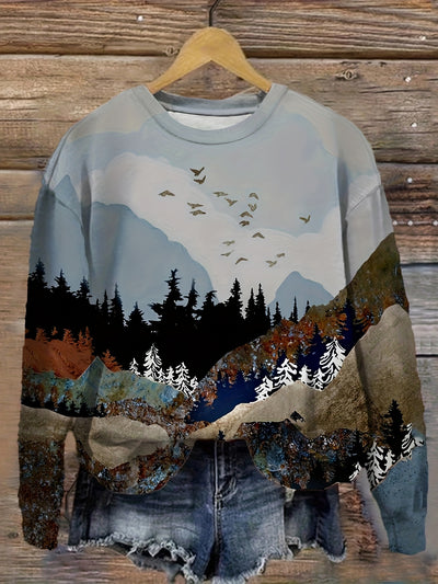 Cozy and Stylish: Landscape Print Pullover Sweatshirt for Fall-Winter Women's Clothing