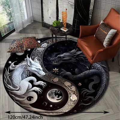 Dragon Dreams: A Stylish Black and White Round Carpet for Home Decoration