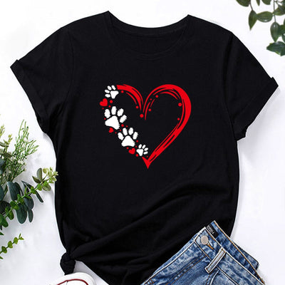 Dog Paw and Red Heart Print T-Shirt, Short Sleeve Crew Neck Casual Top For Spring & Summer, Women's Clothing