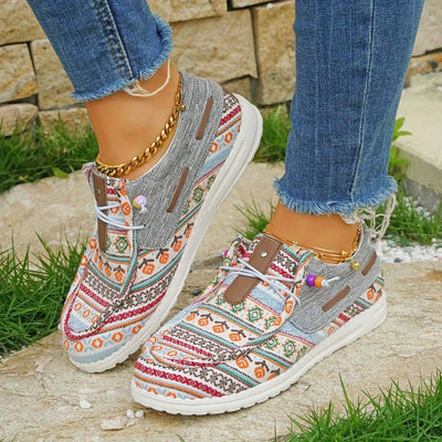 Ethnic Flower Print Women's  Canvas Sneakers - Casual Lace Up Low Top Shoes for Outdoor Comfort