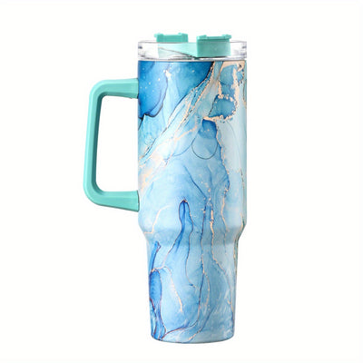 40Oz Colorful Marble Stainless Steel Water Tumbler Cup, Large Capacity Water Tumbler With Straw, Creative Portable Water Bottle For Outdoor Camping