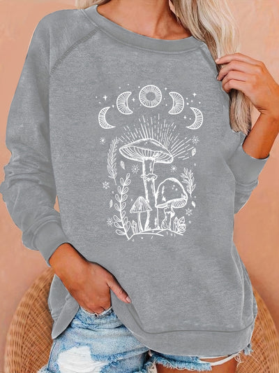 Mushroom adn Moon Print Sweatshirt, Long Sleeve Crew Neck Pullover Sweatshirt, Casual Tops For Fall & Winter, Women's Clothing