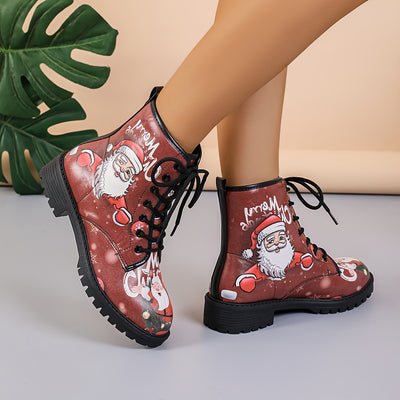 Festive Holiday Spirit: Women's Lace-Up Santa Claus Combat Boots for Casual All-Match Style and Outdoor Adventures