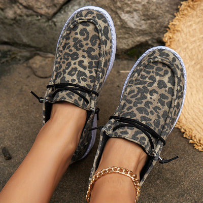 Women's Flat Canvas Shoes with Leopard Style, Lightweight Low Top Lace Up Shoes, Women's Casual Walking Shoes