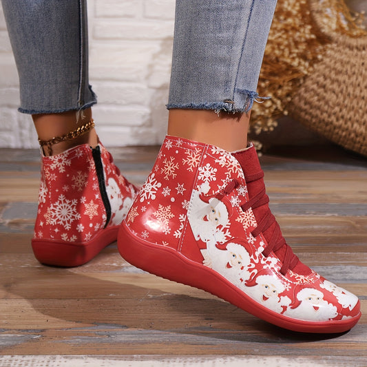 Jingle All the Way: Women's Santa Claus Pattern Short Boots - Festive Lace-Up Side Zipper Boots for a Comfortable Christmas