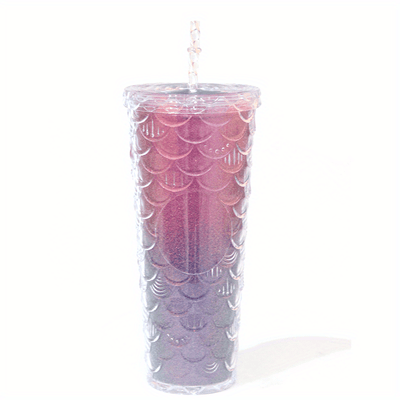 1pc Glossy Fish Scale Pattern Tumbler With Lid And Straw, Double Walled Plastic Water Bottle, Summer Winter Drinkware, Travel Accessories