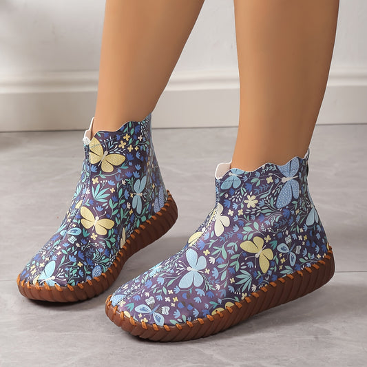 Stay fashionable and comfortable with these trendy ankle boots. Featuring an eye-catching butterfly print, these boots are designed with a convenient back zipper for an easy fit. The soft cotton insole ensures all-day comfort and style.