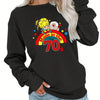 "70's" Letter and Rainbow Cartoon Print Long Sleeve Crew Neck Medium Stretch Pullover Sweatshirt, Casual Tops For Fall & Winter, Women's Clothing