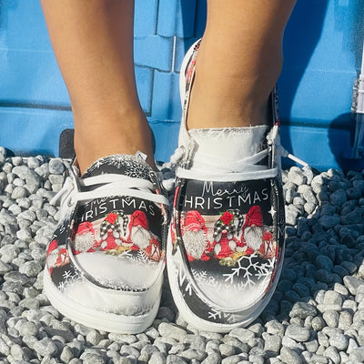 Women's Cartoon Gnome Print Canvas Shoes: Slip-On, Lightweight, Flat & Comfy, Soft Sole Shoes - Versatile Low-Top Christmas Shoes