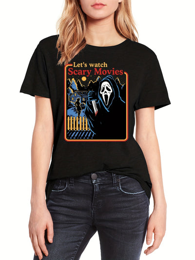 Horrific Halloween Crew Neck T-Shirt: Unleash Your Spooky Side this Halloween with our Casual Short Sleeve T-Shirt for Women