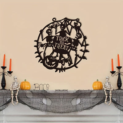 This metal wall art features a hauntingly elegant skeleton and cobweb composition, making it the perfect addition to any Halloween decor. The sculpture is handcrafted out of durable metal and finished with a black patina for a classic spooky look. Representing the spirit of Halloween, this striking piece adds a touch of seasonal sophistication to any home.