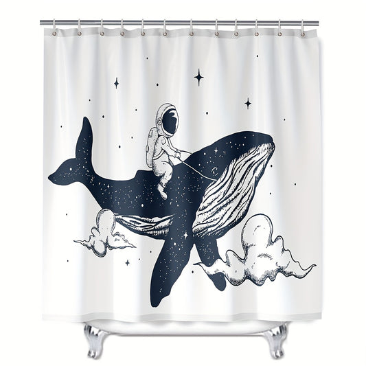 Experience a breathtaking journey with this extraordinary shower curtain set. Featuring Oriental Vintage Kanagawa Art with an Astronaut Whale Riding Theme, the stylish, high quality design also comes with 12 hooks for easy installation. Immerse yourself in a one-of-a-kind experience!