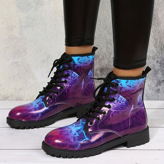 These stylish butterfly print women's ankle boots are the perfect statement piece for a fashionable look. Featuring lace-up combat style detailing, these boots provide comfort and style in equal measure. Made of durable materials, these boots are sure to last for seasons to come.