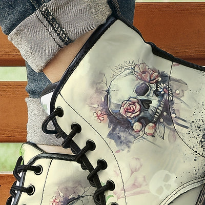 Gothic Style Skull Floral Graphic Boots: Trendy Women's Ankle Combat Boots in Fashionable PU Leather