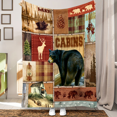 Cozy up with the Vintage Wild Bear Print Flannel Blanket: The Ultimate Soft Throw for Home, Office, and Travel