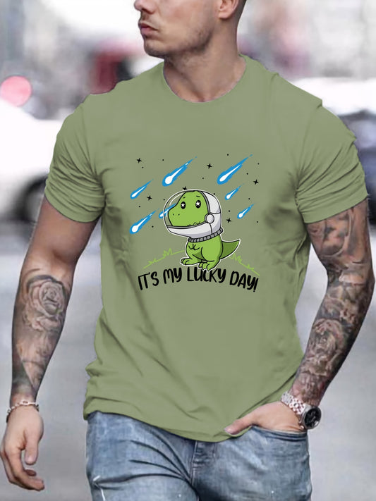 Step up your summer style with our It's My Lucky Day t-shirt! This versatile men's crew neck tee features a playful dinosaur design that adds a touch of fun to any outfit. Made with high-quality materials, it's perfect for any casual occasion. Don't miss out on your lucky day with this cute and stylish shirt.