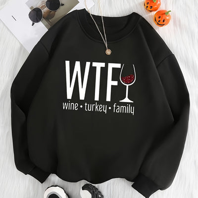 Wine Glass Letter Print Plus Size Casual Sweatshirt: Cozy and Stylish Fall/Winter Essential for Plus Size Women