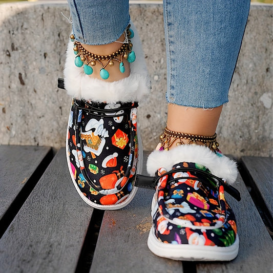 Cozy and Festive: Women's Christmas Print Canvas Shoes – Plush-lined, Slip-on Winter Flats