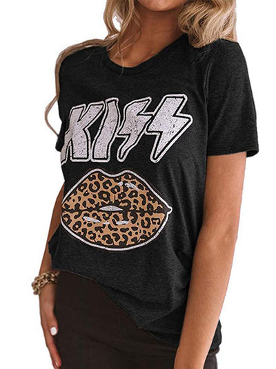 Vintage Leopard Lips Print T-shirt, Retro Short Sleeve Crew Neck T-shirt, Casual Every Day Tops, Women's Clothing