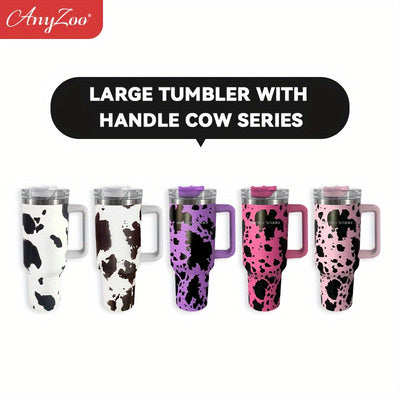 40oz Cow Series Print Stainless Steel Insulated Water Bottle - Tumbler With Handle, Straw & Lid - Perfect Birthday Gift & Home Kitchen Item!