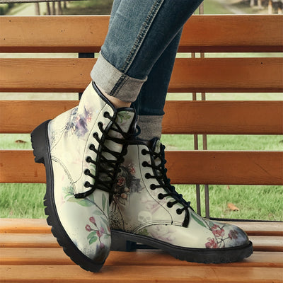 Gothic Style Skull Floral Graphic Boots: Trendy Women's Ankle Combat Boots in Fashionable PU Leather