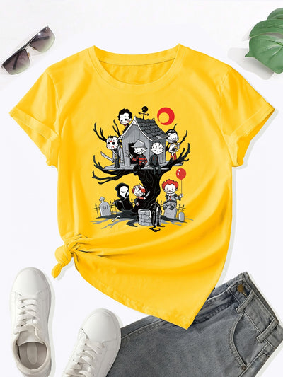 Stylish and Comfortable Cartoon Graphic Pattern Crew Neck T-shirt for Women: Perfect Spring/Summer Addition to Your Wardrobe