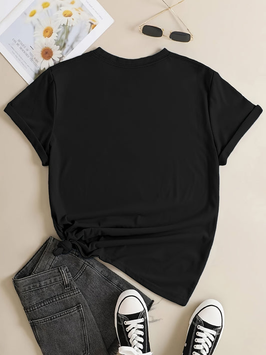 Elegant Cat Letter Print Crew Neck T-Shirt: A Stylish Women's Clothing Choice for Spring/Summer