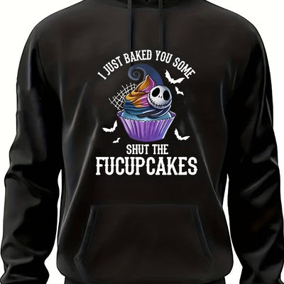 FuCupCake Halloween Sweatshirt, Men's Quirky Ice Cream & Bats Graphic Print Hoodies, Oversized Sports/running Hooded Sweatshirt For Males, Plus Size