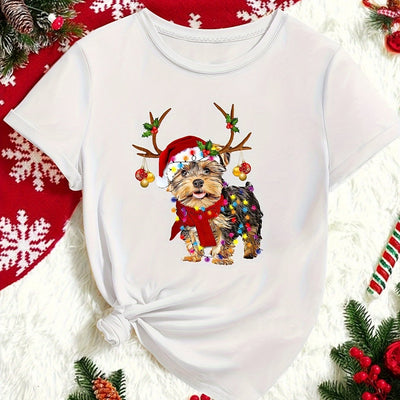 Dazzling Fun: Colorful Lights Dog Print T-Shirt - A Vibrant Casual Top for Women this Spring/Summer
