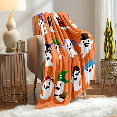 Halloween Cute Ghost Pattern Flannel Throw Blanket: Warm, Cozy, and Spooky for Couch, Bed, and More!