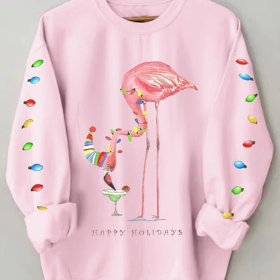 Festive Flamingo Fun: Christmas Flamingo Print Loose Sweatshirt - Casual Long Sleeve Crew Neck Sweatshirt for Women's Clothing