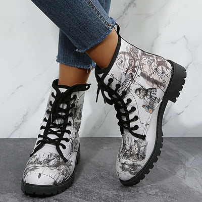 Glamorous Women's Gothic Ankle Boots: Chunky Low Heel Lace-Up Combat Boots for a Bold Style Statement