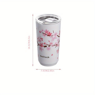 Cherry Blossom Pattern Tumbler - Anti-Slip 304 Stainless Steel Insulated Cup with Straw for Milk Tea, Coffee, and Water