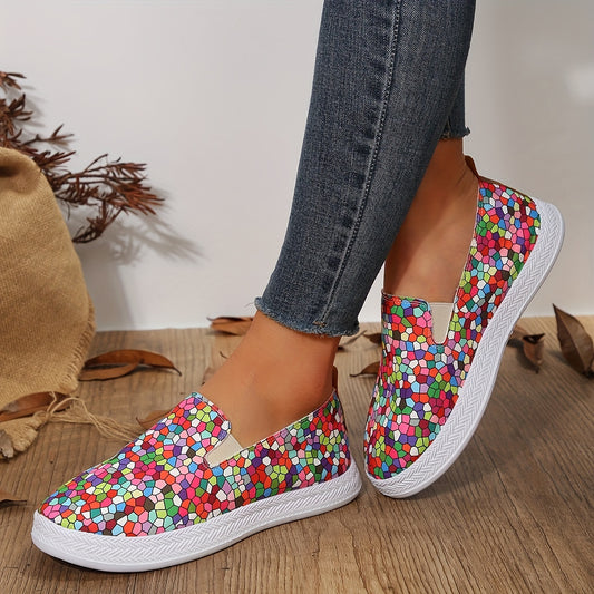 Women's Geonetric Colorful Print Canvas Shoes: Slip-On Lightweight Flat Casual Shoes for Comfy Daily Wear