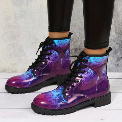 Stylish Women's Butterfly Print Ankle Boots: Fashionable Lace-up Combat Boots for a Trendy and Comfy Look