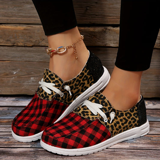 Stylish and Comfortable: Women's Flat Canvas Sneakers - Plaid Leopard Print Low-Top Shoes for Casual and Comfy Walking